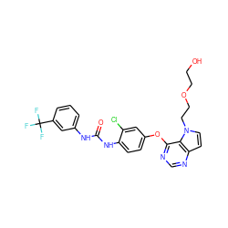 O=C(Nc1cccc(C(F)(F)F)c1)Nc1ccc(Oc2ncnc3ccn(CCOCCO)c23)cc1Cl ZINC000064380902