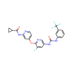 O=C(Nc1cccc(C(F)(F)F)c1)Nc1cnc(Oc2ccnc(NC(=O)C3CC3)c2)c(F)c1 ZINC001772580232