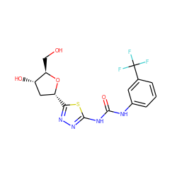 O=C(Nc1cccc(C(F)(F)F)c1)Nc1nnc([C@@H]2C[C@H](O)[C@@H](CO)O2)s1 ZINC000061896462