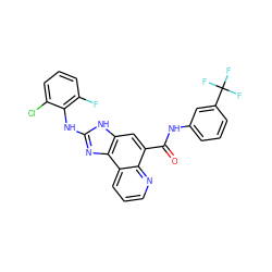 O=C(Nc1cccc(C(F)(F)F)c1)c1cc2[nH]c(Nc3c(F)cccc3Cl)nc2c2cccnc12 ZINC000205325511