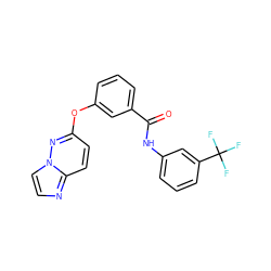 O=C(Nc1cccc(C(F)(F)F)c1)c1cccc(Oc2ccc3nccn3n2)c1 ZINC000095561498