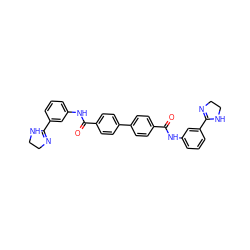 O=C(Nc1cccc(C2=NCCN2)c1)c1ccc(-c2ccc(C(=O)Nc3cccc(C4=NCCN4)c3)cc2)cc1 ZINC000001681988