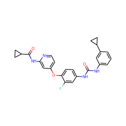 O=C(Nc1cccc(C2CC2)c1)Nc1ccc(Oc2ccnc(NC(=O)C3CC3)c2)c(F)c1 ZINC001772639308