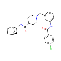 O=C(Nc1cccc(CN2CCC(C(=O)N[C@@H]3C[C@H]4CC[C@H]3C4)CC2)c1)c1ccc(Cl)cc1 ZINC001772647772