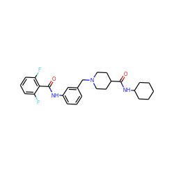 O=C(Nc1cccc(CN2CCC(C(=O)NC3CCCCC3)CC2)c1)c1c(F)cccc1F ZINC001772642495