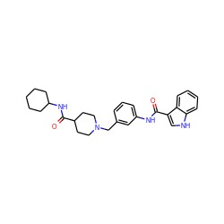 O=C(Nc1cccc(CN2CCC(C(=O)NC3CCCCC3)CC2)c1)c1c[nH]c2ccccc12 ZINC001772569710