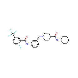 O=C(Nc1cccc(CN2CCC(C(=O)NC3CCCCC3)CC2)c1)c1cc(C(F)(F)F)ccc1F ZINC000210702307