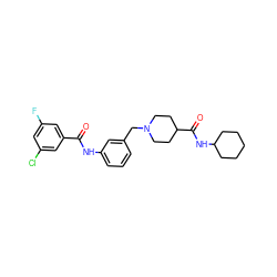 O=C(Nc1cccc(CN2CCC(C(=O)NC3CCCCC3)CC2)c1)c1cc(F)cc(Cl)c1 ZINC000210662268