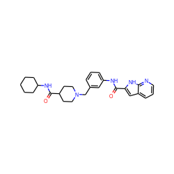 O=C(Nc1cccc(CN2CCC(C(=O)NC3CCCCC3)CC2)c1)c1cc2cccnc2[nH]1 ZINC000210702395