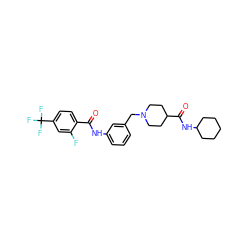 O=C(Nc1cccc(CN2CCC(C(=O)NC3CCCCC3)CC2)c1)c1ccc(C(F)(F)F)cc1F ZINC001772586446