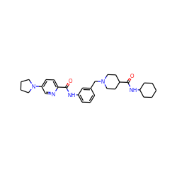 O=C(Nc1cccc(CN2CCC(C(=O)NC3CCCCC3)CC2)c1)c1ccc(N2CCCC2)cn1 ZINC000210578039