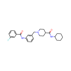 O=C(Nc1cccc(CN2CCC(C(=O)NC3CCCCC3)CC2)c1)c1cccc(F)c1 ZINC001772624583