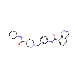 O=C(Nc1cccc(CN2CCC(C(=O)NC3CCCCC3)CC2)c1)c1cccc2ccncc12 ZINC001772589963