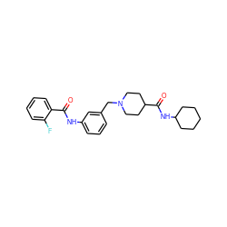 O=C(Nc1cccc(CN2CCC(C(=O)NC3CCCCC3)CC2)c1)c1ccccc1F ZINC000210677899