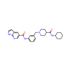 O=C(Nc1cccc(CN2CCC(C(=O)NC3CCCCC3)CC2)c1)c1cnc2[nH]ccc2c1 ZINC001772624612