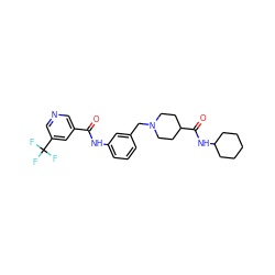 O=C(Nc1cccc(CN2CCC(C(=O)NC3CCCCC3)CC2)c1)c1cncc(C(F)(F)F)c1 ZINC000210685274