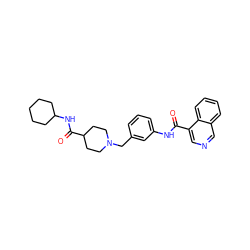 O=C(Nc1cccc(CN2CCC(C(=O)NC3CCCCC3)CC2)c1)c1cncc2ccccc12 ZINC001772576196