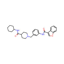 O=C(Nc1cccc(CN2CCC(C(=O)NC3CCCCC3)CC2)c1)c1coc2ccccc12 ZINC000210662226