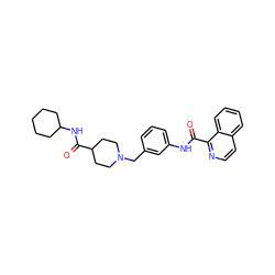 O=C(Nc1cccc(CN2CCC(C(=O)NC3CCCCC3)CC2)c1)c1nccc2ccccc12 ZINC000210577992