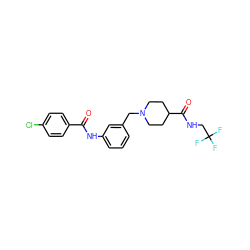 O=C(Nc1cccc(CN2CCC(C(=O)NCC(F)(F)F)CC2)c1)c1ccc(Cl)cc1 ZINC000210662095