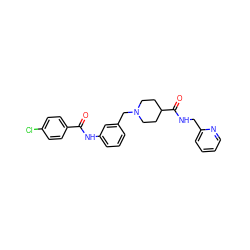 O=C(Nc1cccc(CN2CCC(C(=O)NCc3ccccn3)CC2)c1)c1ccc(Cl)cc1 ZINC001772636146