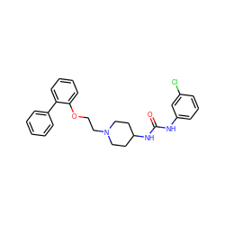 O=C(Nc1cccc(Cl)c1)NC1CCN(CCOc2ccccc2-c2ccccc2)CC1 ZINC000653696910