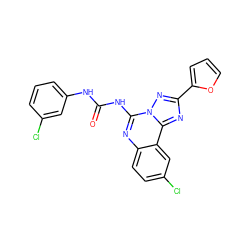 O=C(Nc1cccc(Cl)c1)Nc1nc2ccc(Cl)cc2c2nc(-c3ccco3)nn12 ZINC000000594328