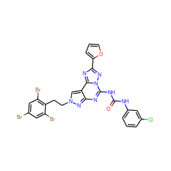 O=C(Nc1cccc(Cl)c1)Nc1nc2nn(CCc3c(Br)cc(Br)cc3Br)cc2c2nc(-c3ccco3)nn12 ZINC000095536838