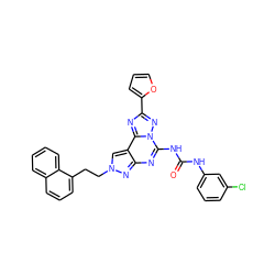 O=C(Nc1cccc(Cl)c1)Nc1nc2nn(CCc3cccc4ccccc34)cc2c2nc(-c3ccco3)nn12 ZINC000027548141