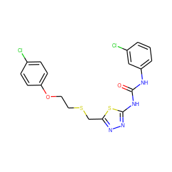 O=C(Nc1cccc(Cl)c1)Nc1nnc(CSCCOc2ccc(Cl)cc2)s1 ZINC000002824320