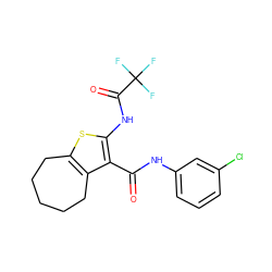 O=C(Nc1cccc(Cl)c1)c1c(NC(=O)C(F)(F)F)sc2c1CCCCC2 ZINC000004150916