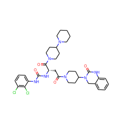 O=C(Nc1cccc(Cl)c1Cl)N[C@@H](CC(=O)N1CCC(N2Cc3ccccc3NC2=O)CC1)C(=O)N1CCC(N2CCCCC2)CC1 ZINC000084632430