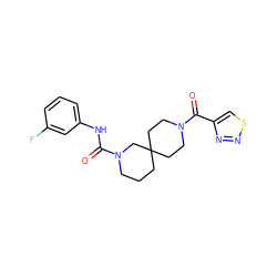 O=C(Nc1cccc(F)c1)N1CCCC2(CCN(C(=O)c3csnn3)CC2)C1 ZINC000003956348