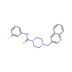 O=C(Nc1cccc(F)c1)N1CCN(Cc2cnc3ccccc3c2)CC1 ZINC000137434424