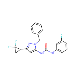 O=C(Nc1cccc(F)c1)Nc1cc([C@@H]2CC2(F)F)nn1Cc1ccccc1 ZINC000299829101