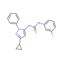 O=C(Nc1cccc(F)c1)Nc1cc(C2CC2)nn1-c1ccccc1 ZINC000096273824