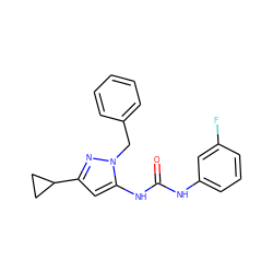 O=C(Nc1cccc(F)c1)Nc1cc(C2CC2)nn1Cc1ccccc1 ZINC000096273837