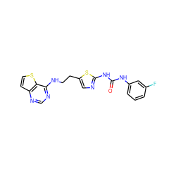 O=C(Nc1cccc(F)c1)Nc1ncc(CCNc2ncnc3ccsc23)s1 ZINC000040899293