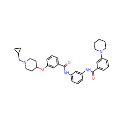 O=C(Nc1cccc(NC(=O)c2cccc(N3CCCCC3)c2)c1)c1cccc(OC2CCN(CC3CC3)CC2)c1 ZINC000095584735