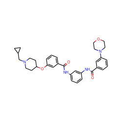 O=C(Nc1cccc(NC(=O)c2cccc(N3CCOCC3)c2)c1)c1cccc(OC2CCN(CC3CC3)CC2)c1 ZINC000064539899