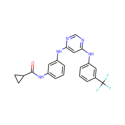 O=C(Nc1cccc(Nc2cc(Nc3cccc(C(F)(F)F)c3)ncn2)c1)C1CC1 ZINC000013831337