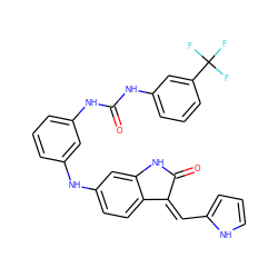 O=C(Nc1cccc(Nc2ccc3c(c2)NC(=O)/C3=C\c2ccc[nH]2)c1)Nc1cccc(C(F)(F)F)c1 ZINC000084705661