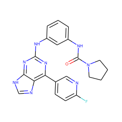 O=C(Nc1cccc(Nc2nc(-c3ccc(F)nc3)c3nc[nH]c3n2)c1)N1CCCC1 ZINC000084635940