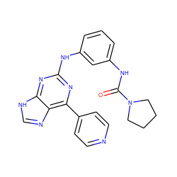 O=C(Nc1cccc(Nc2nc(-c3ccncc3)c3nc[nH]c3n2)c1)N1CCCC1 ZINC000084632353