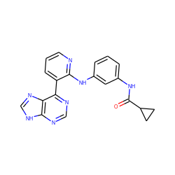 O=C(Nc1cccc(Nc2ncccc2-c2ncnc3[nH]cnc23)c1)C1CC1 ZINC000299840166