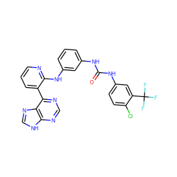 O=C(Nc1cccc(Nc2ncccc2-c2ncnc3[nH]cnc23)c1)Nc1ccc(Cl)c(C(F)(F)F)c1 ZINC000299837472