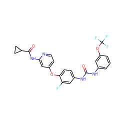 O=C(Nc1cccc(OC(F)(F)F)c1)Nc1ccc(Oc2ccnc(NC(=O)C3CC3)c2)c(F)c1 ZINC001772578827