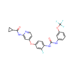 O=C(Nc1cccc(OC(F)(F)F)c1)Nc1ccc(Oc2ccnc(NC(=O)C3CC3)c2)cc1F ZINC001772585417