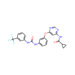 O=C(Nc1cccc(Oc2cc(NC(=O)C3CC3)ncn2)c1)Nc1cccc(C(F)(F)F)c1 ZINC001772642491