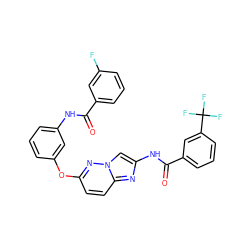 O=C(Nc1cccc(Oc2ccc3nc(NC(=O)c4cccc(C(F)(F)F)c4)cn3n2)c1)c1cccc(F)c1 ZINC000095605843